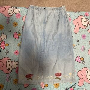 Denim&Co Light Wash Blue Maxi Skirt with Floral Embroidery